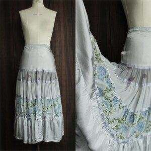 Vintage 1970s 1980s Skirt, Tea Length Silver Silk and Floral Print with Tiers
